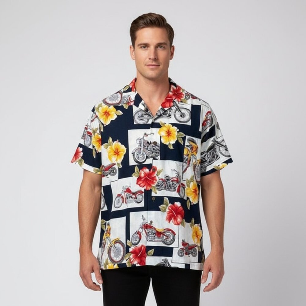 Vintage RJC Ltd Hawaiian Aloha‎ Shirt XL Men Motorcycles Hibiscus Made in USA